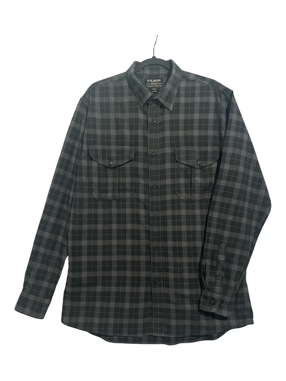 Filson Alaskan Guide Shirt Gray Men’s M-Long Heather Black Plaid Flannel Outdoor
